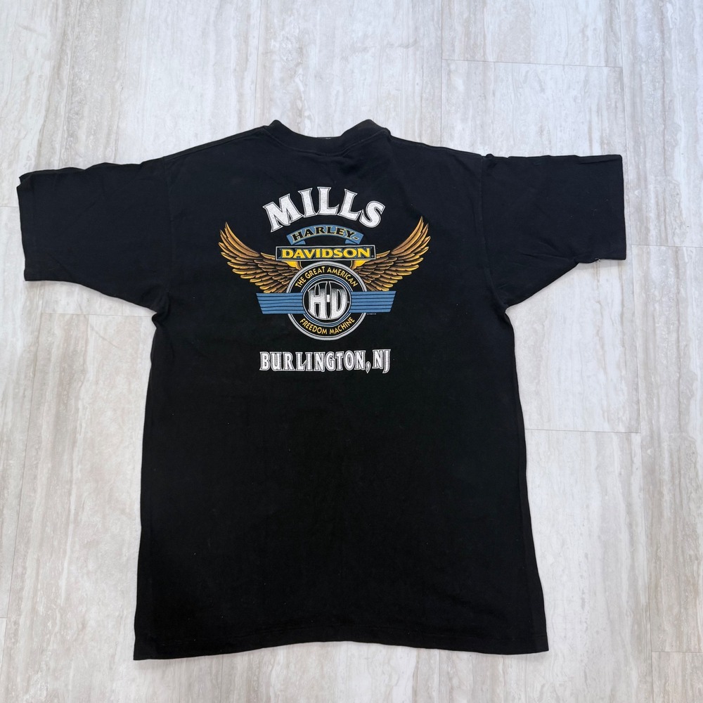VTG 90s Holoubek Harley Davidson Mills Burlington NJ Pocket T-Shirt Black USA